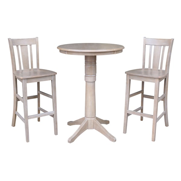 International Concepts Round 30 in Rd Pedestal Bar Ht Table, 2 San Remo Bar Ht Stools, Gray Taupe, 30 in W, 30 in L, Wood K09-30RT-27B-6B-2-S103-2 - main
